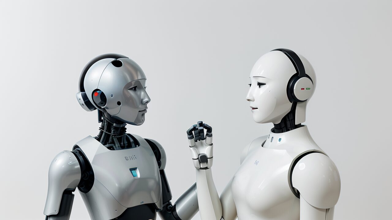 Two robots converse against a blank backdrop.