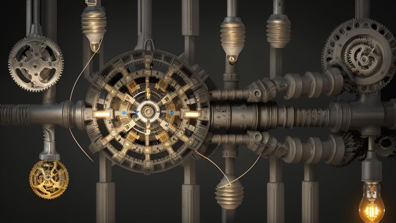 A clock with gears and light bulbs on a dark background.