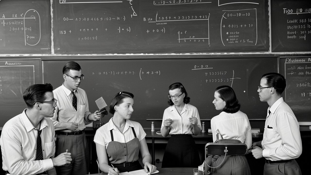 A group of people standing in front of a blackboard as AI changes television.