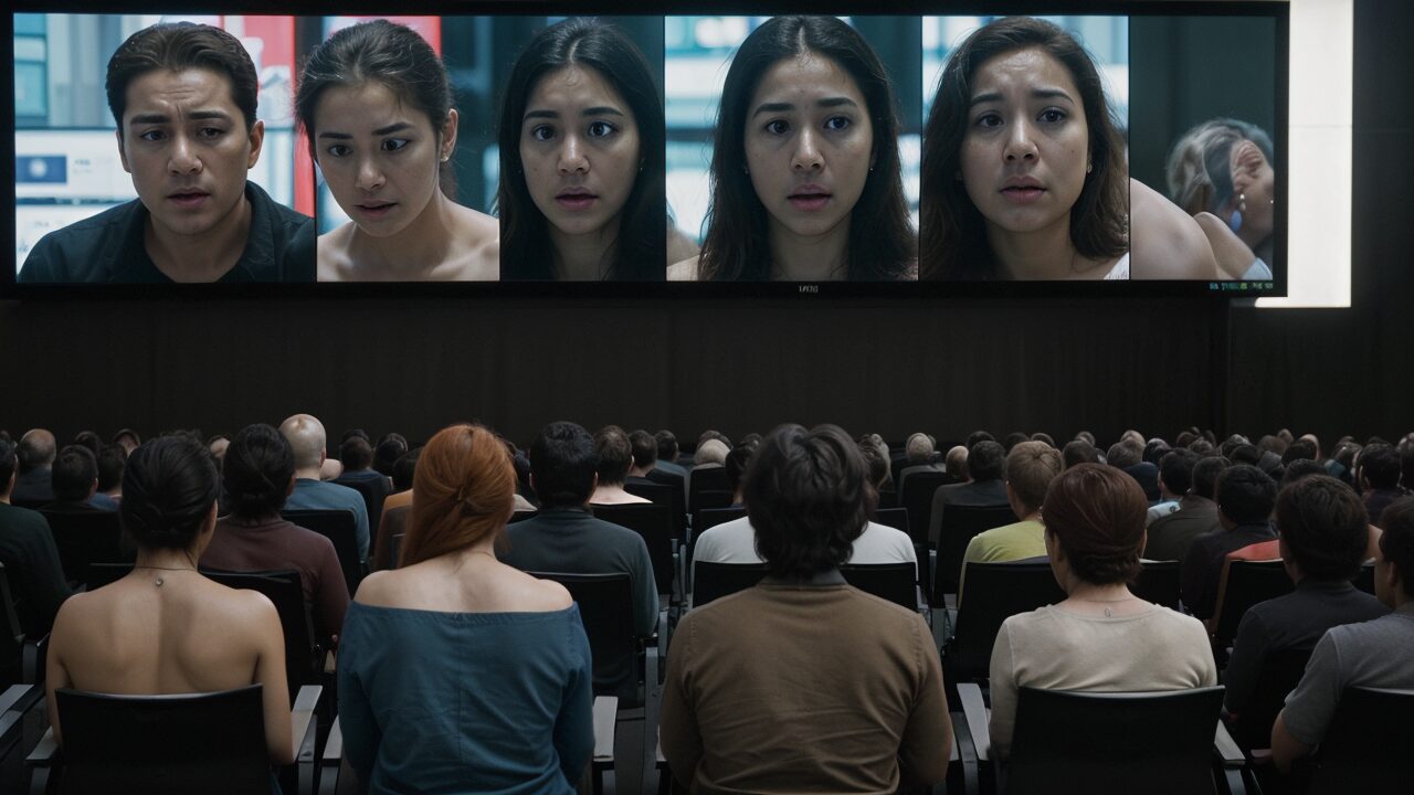 An ensemble of individuals seated in front of a massive display, as AI revolutionizes TV.