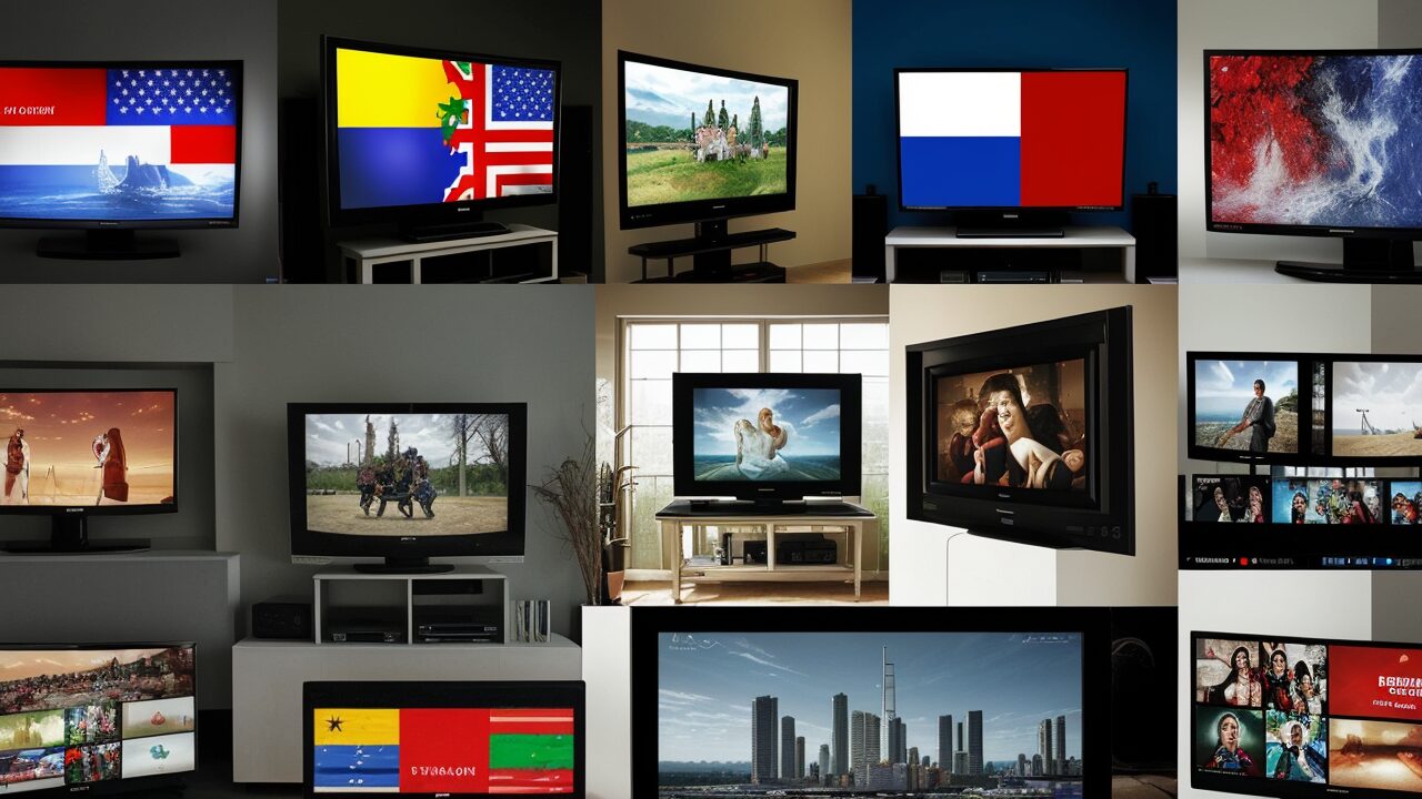 A collage of TVs displaying various flags, influenced by AI's impact on television.