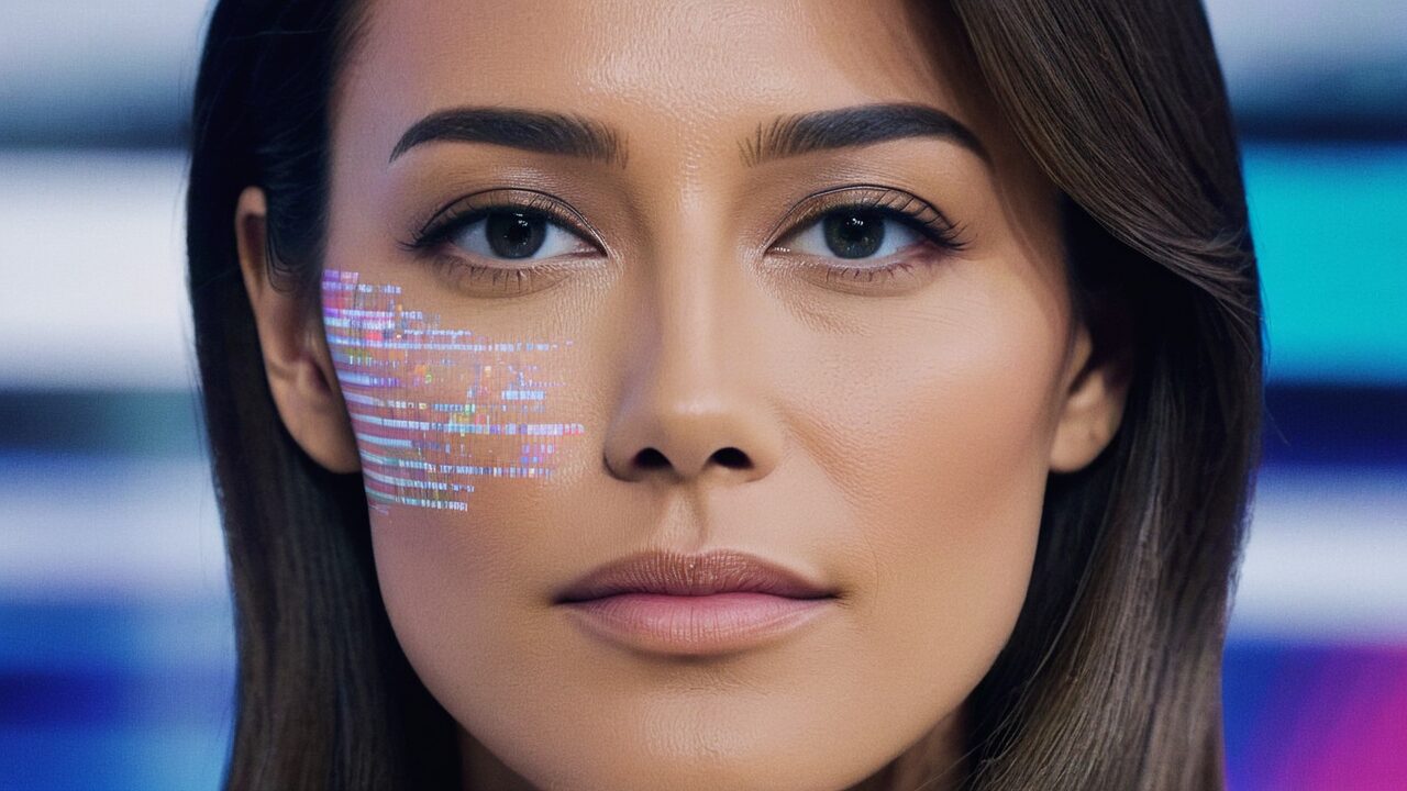 A woman with a computer screen on her face is transforming television.