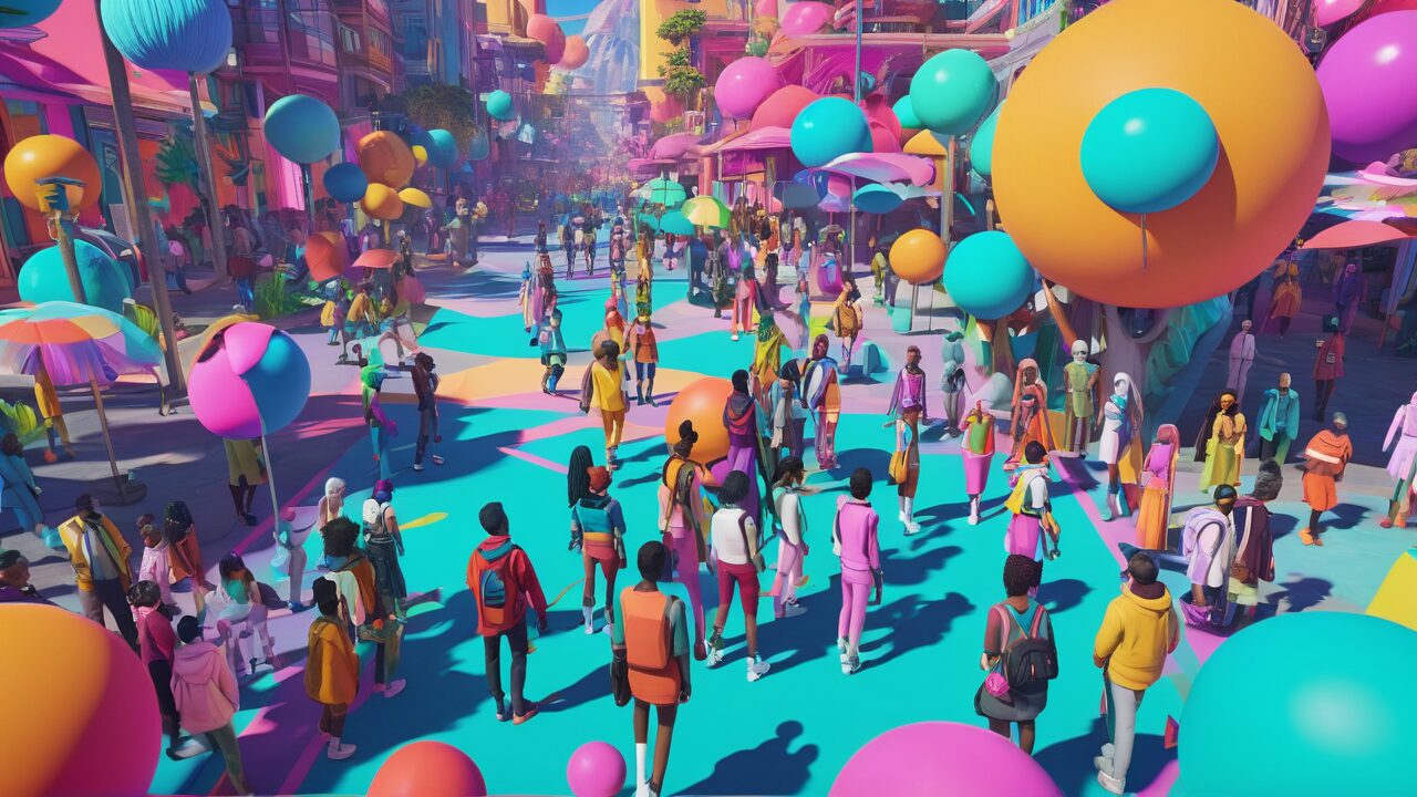 A vibrant street scene with balloons and people.