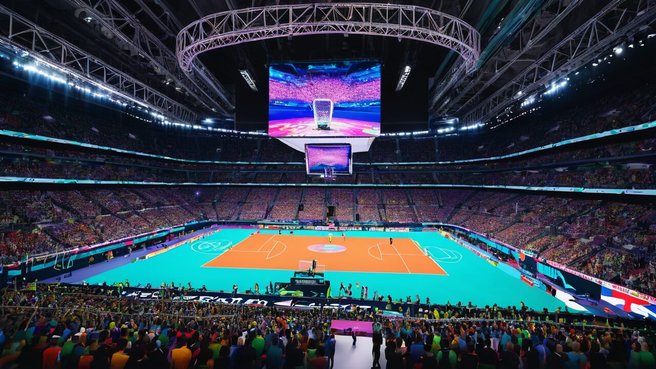 An image of a volleyball court in a stadium, where AI is changing how we watch the game.