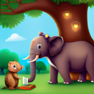 An elephant and a rat reading a book under a tree.