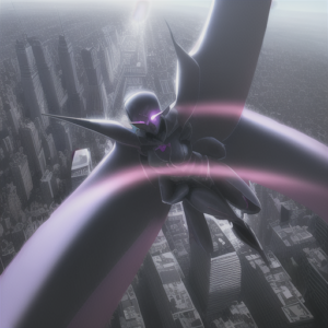 An anime character zooming over a city.