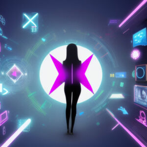 A silhouette of a woman standing in front of a neon sign advertising AI technology.