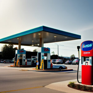 A gas station with a blue roof.