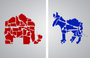 A republican and a donkey on a blue and red background with AI-generated images.