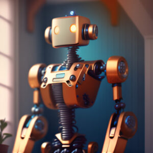 An AI robot standing in front of a room.