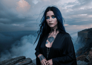 A woman with blue hair standing on a cliff overlooking the sea.