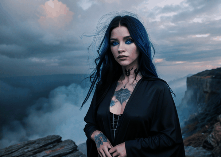 A woman with blue hair standing on a cliff overlooking the sea.