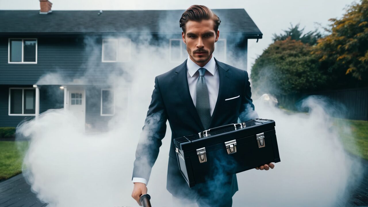 A man in a suit walking through a house with a briefcase, using Google AI Studio to analyze the environment.
