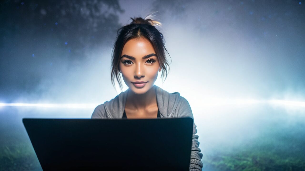 A young woman using Google AI Studio on her laptop at night.