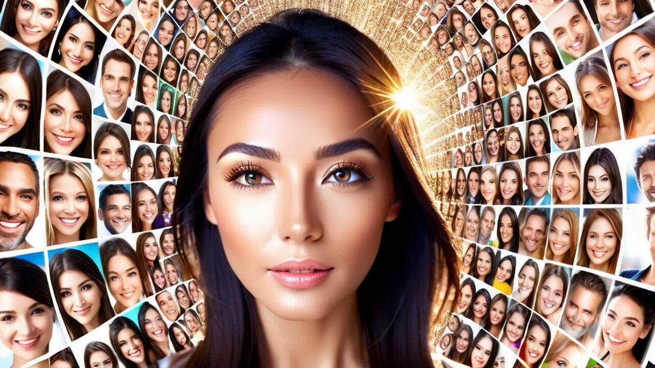 A woman's face surrounded by many different faces created using Google AI Studio.