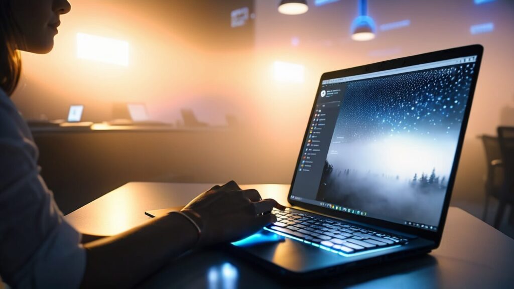 A woman is using a laptop in a dark room while working on her project in Google AI Studio.