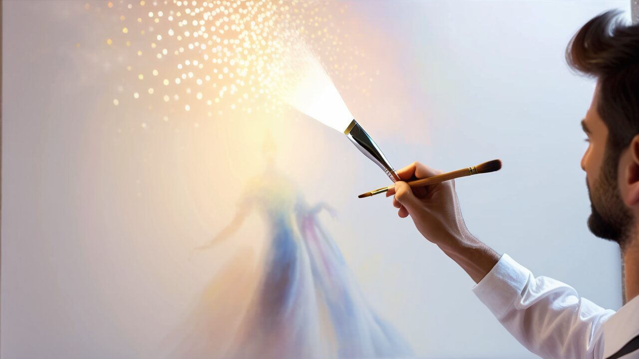 A man is painting a painting with a brush using Google AI Studio.