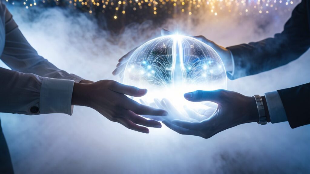 Two business people using Google AI Studio to hold a crystal ball in their hands.