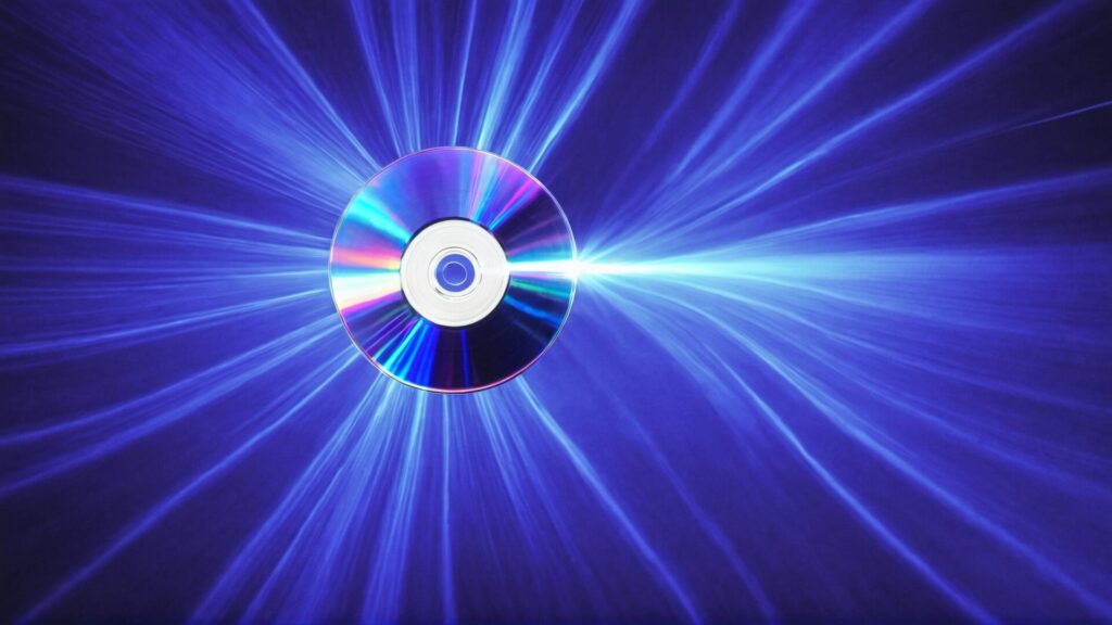 An image of a blue cd with light and ai coming out of it.