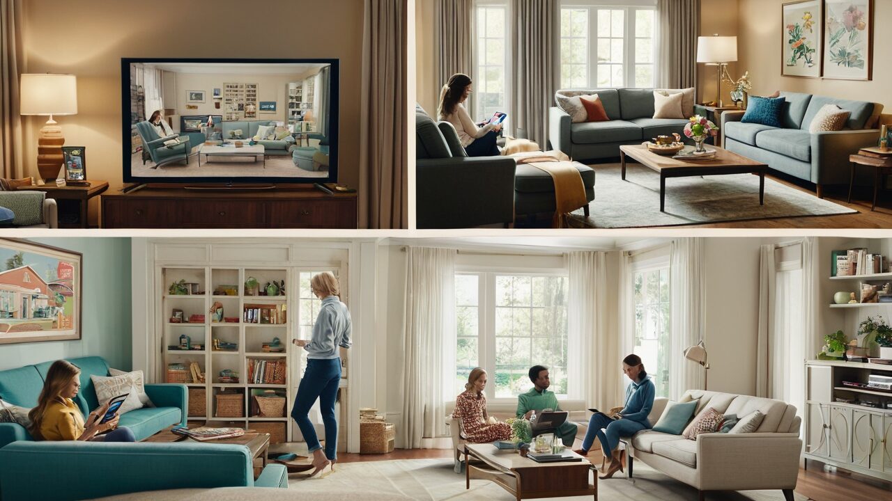 Four pictures of people sitting in a living room.