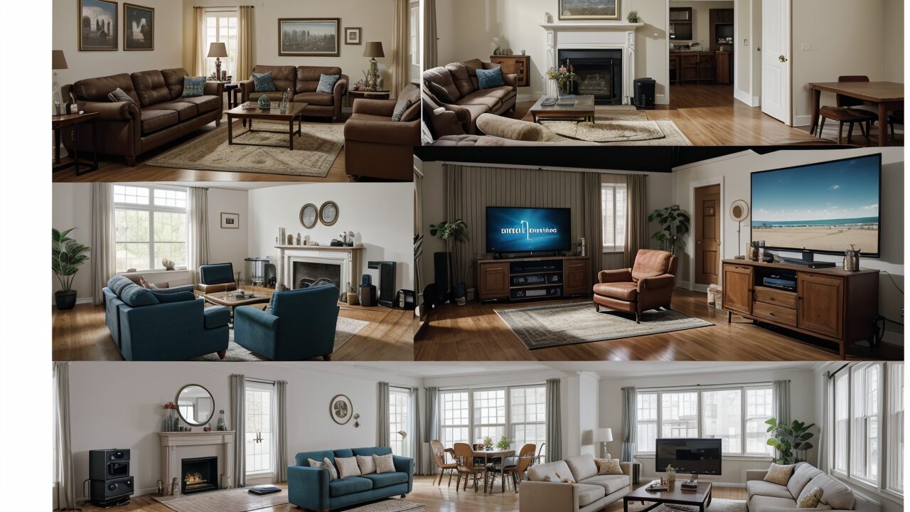 A collage of pictures of a living room.