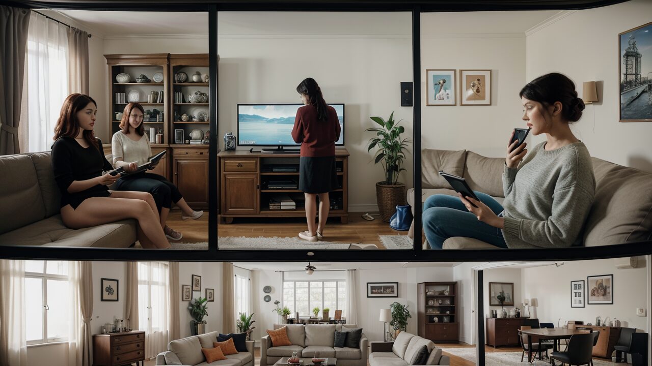 A series of photos of people in a living room.