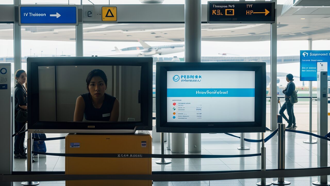 A group of people standing in front of a tv at an airport.