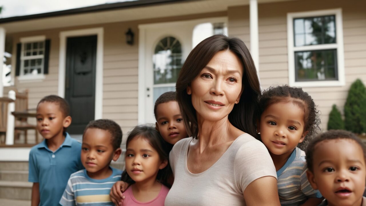 A woman with a group of children in front of a house.