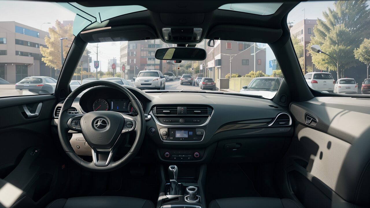 The interior of a car with a steering wheel and dashboard.