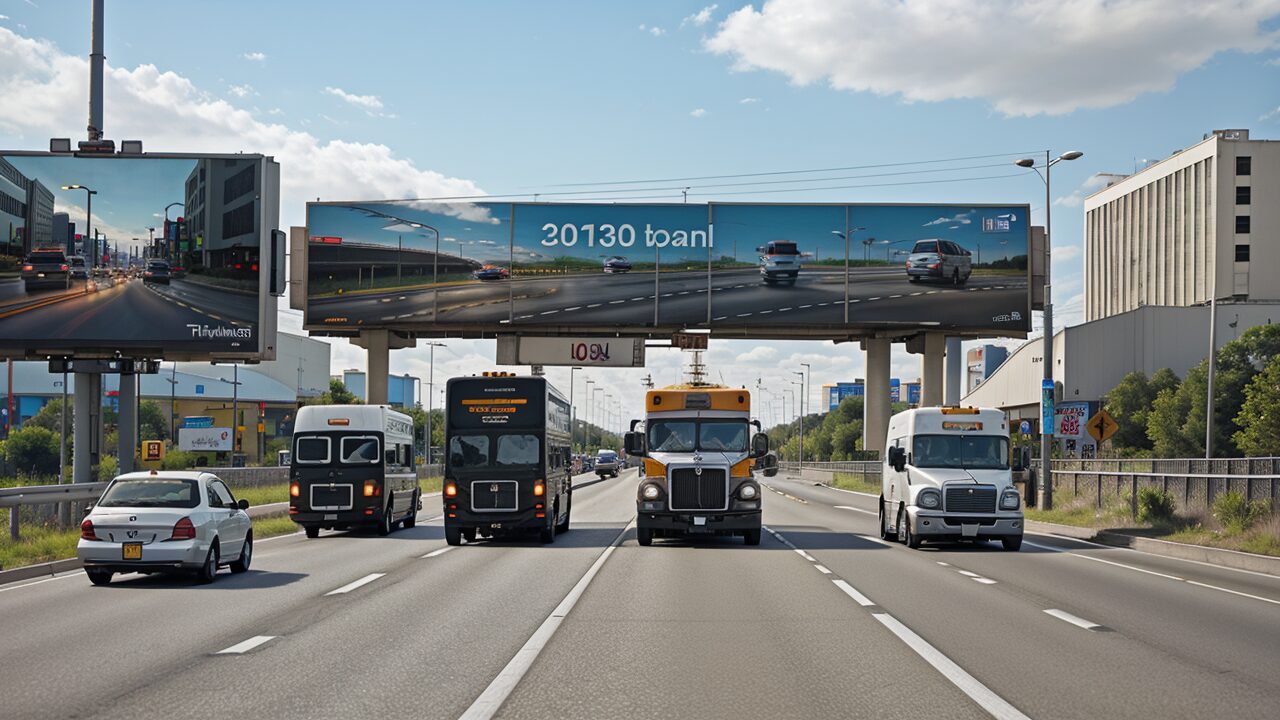 A group of trucks driving down a highway with a billboard in the background.