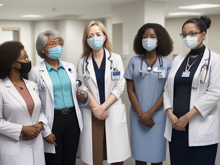 A group of doctors wearing face masks in a hospital.