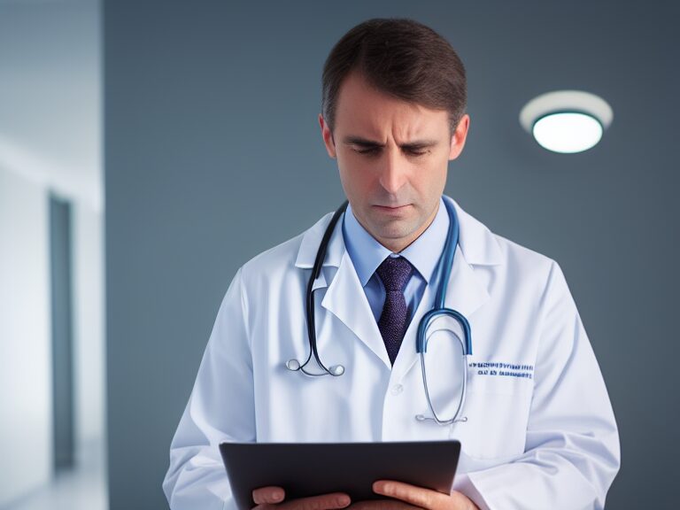 A male doctor looking at a tablet computer.