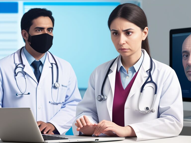 Two doctors with masks in front of a laptop.