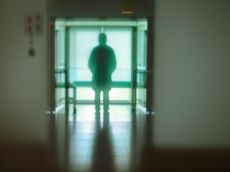 A person standing in the hallway of a hospital.