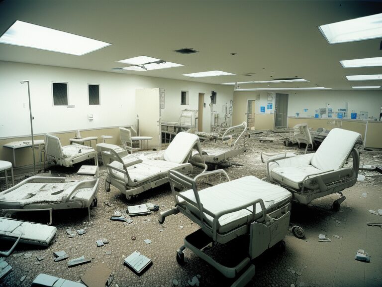 A hospital room with a lot of debris on the floor.