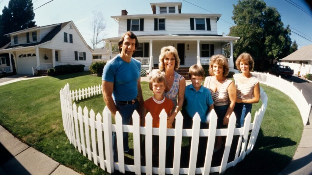 A family standing in front of a white picket fence.