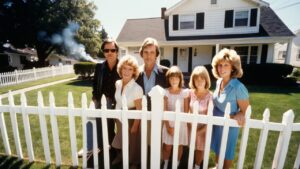 A group of people standing in front of a white picket fence.