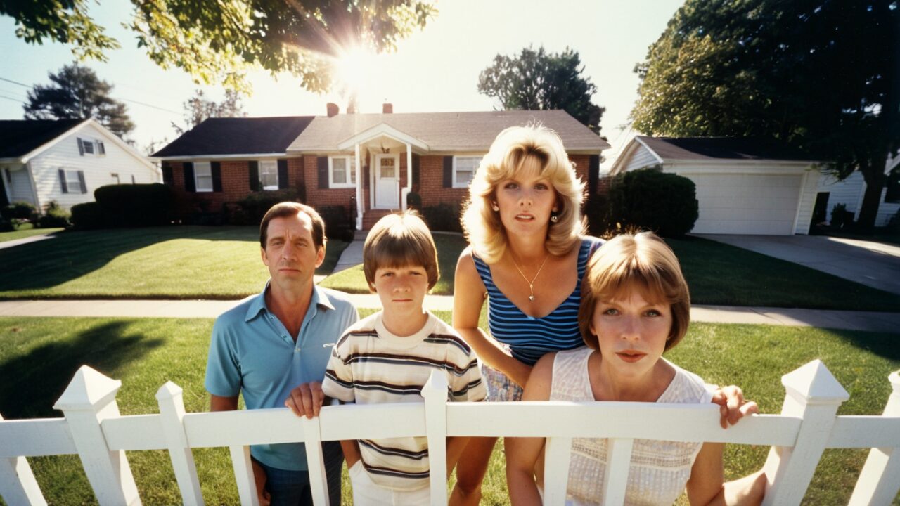 A family standing behind a white picket fence in front of a house.
