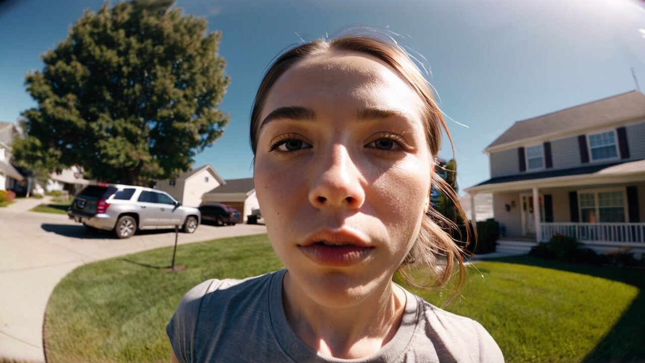 A woman is taking a selfie with a fish eye lens.