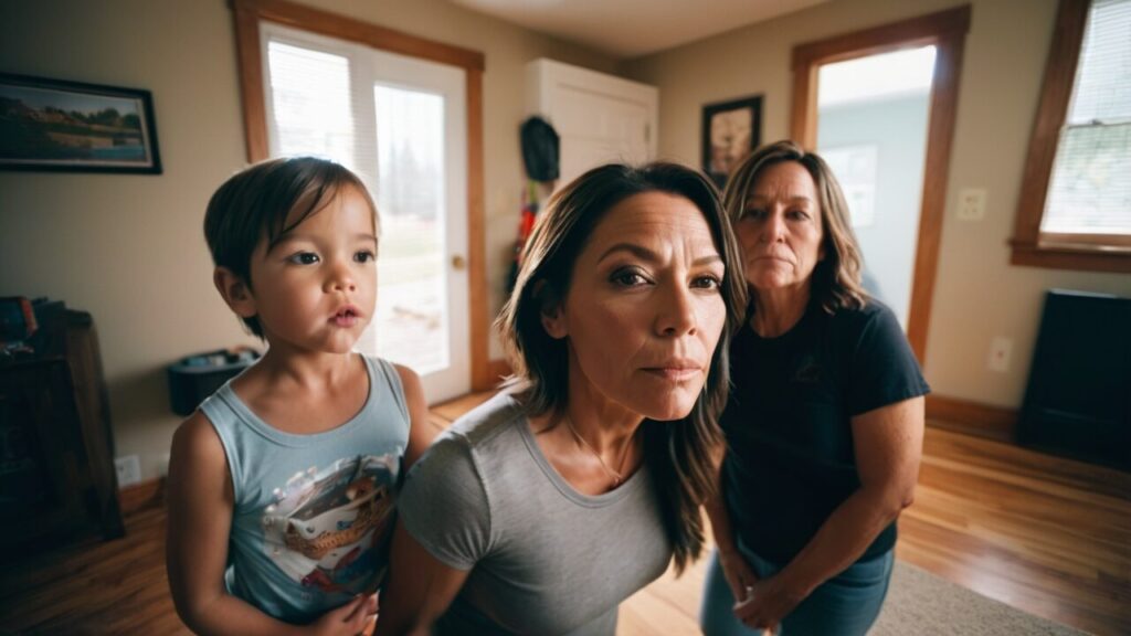 Three women and a child standing in a living room.