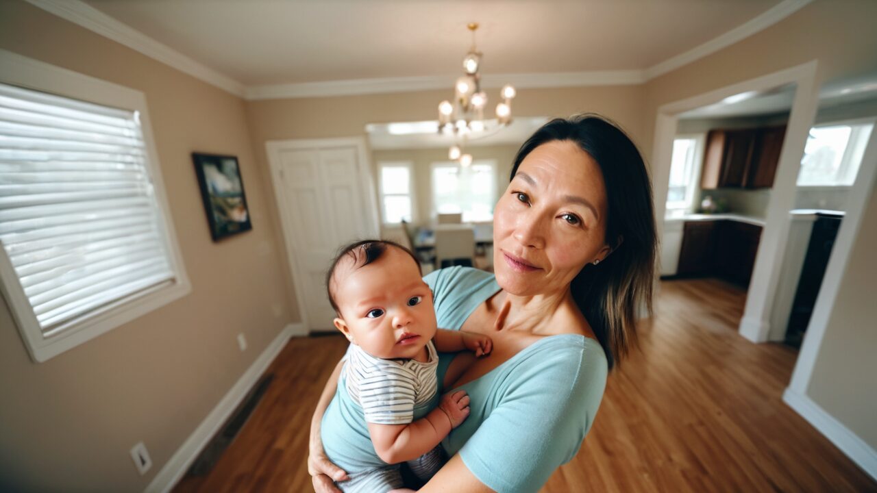 A woman holding a baby in a living room.