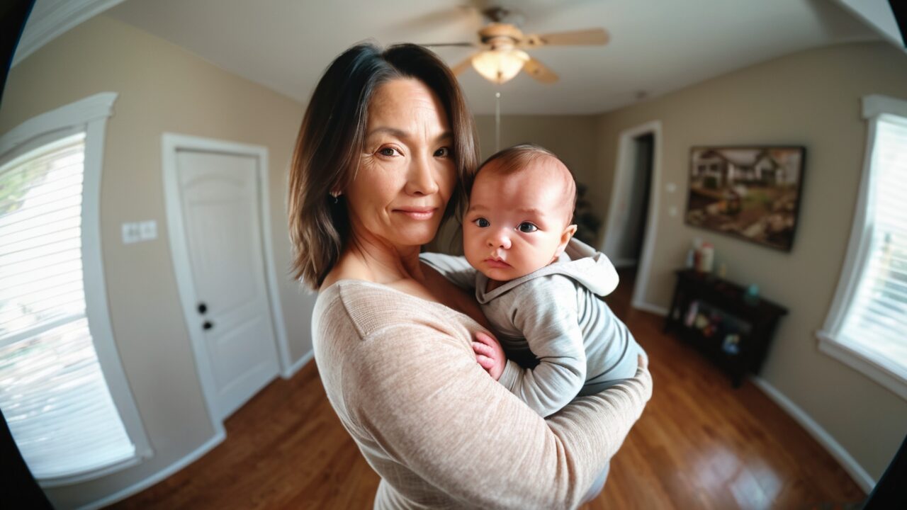 A woman holding a baby in a living room.