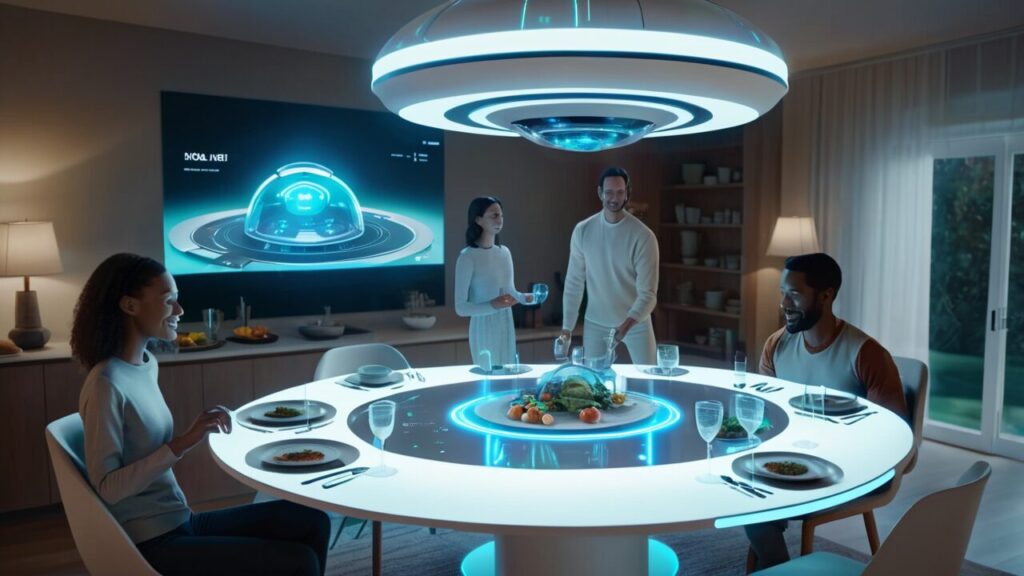 A futuristic dining table with people sitting around it.