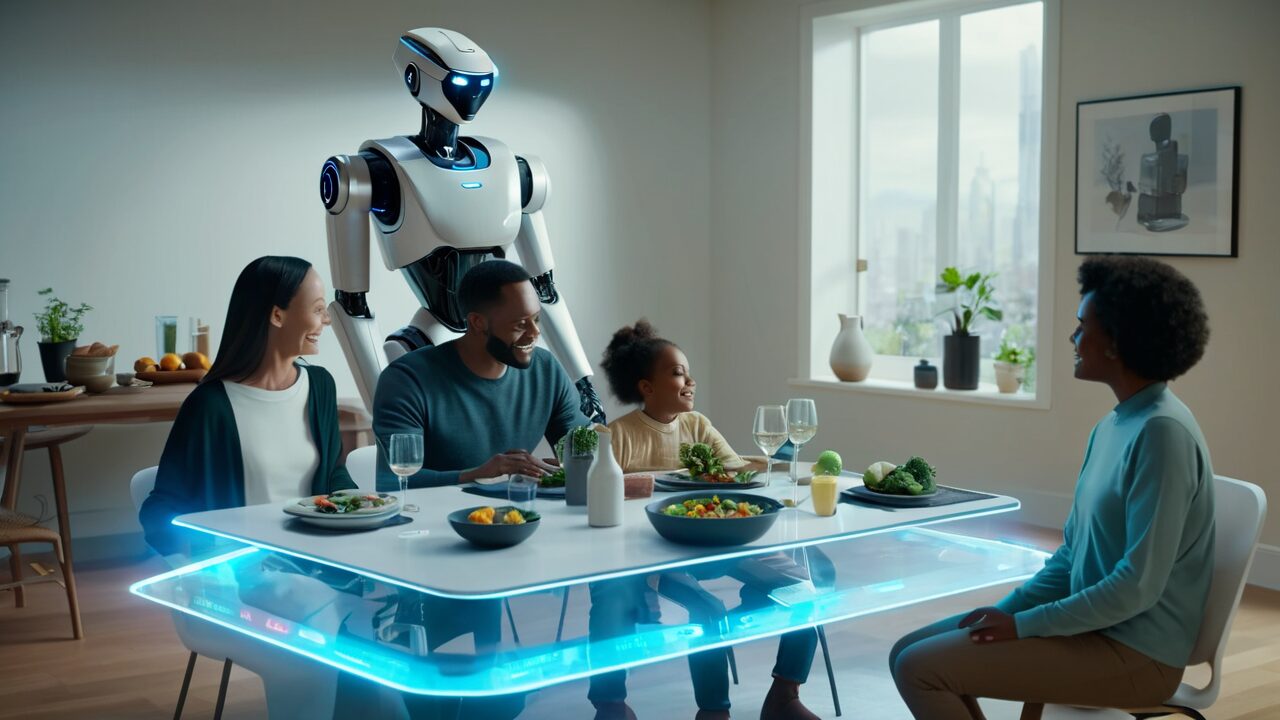 A family sits at a table with a robot in the background.