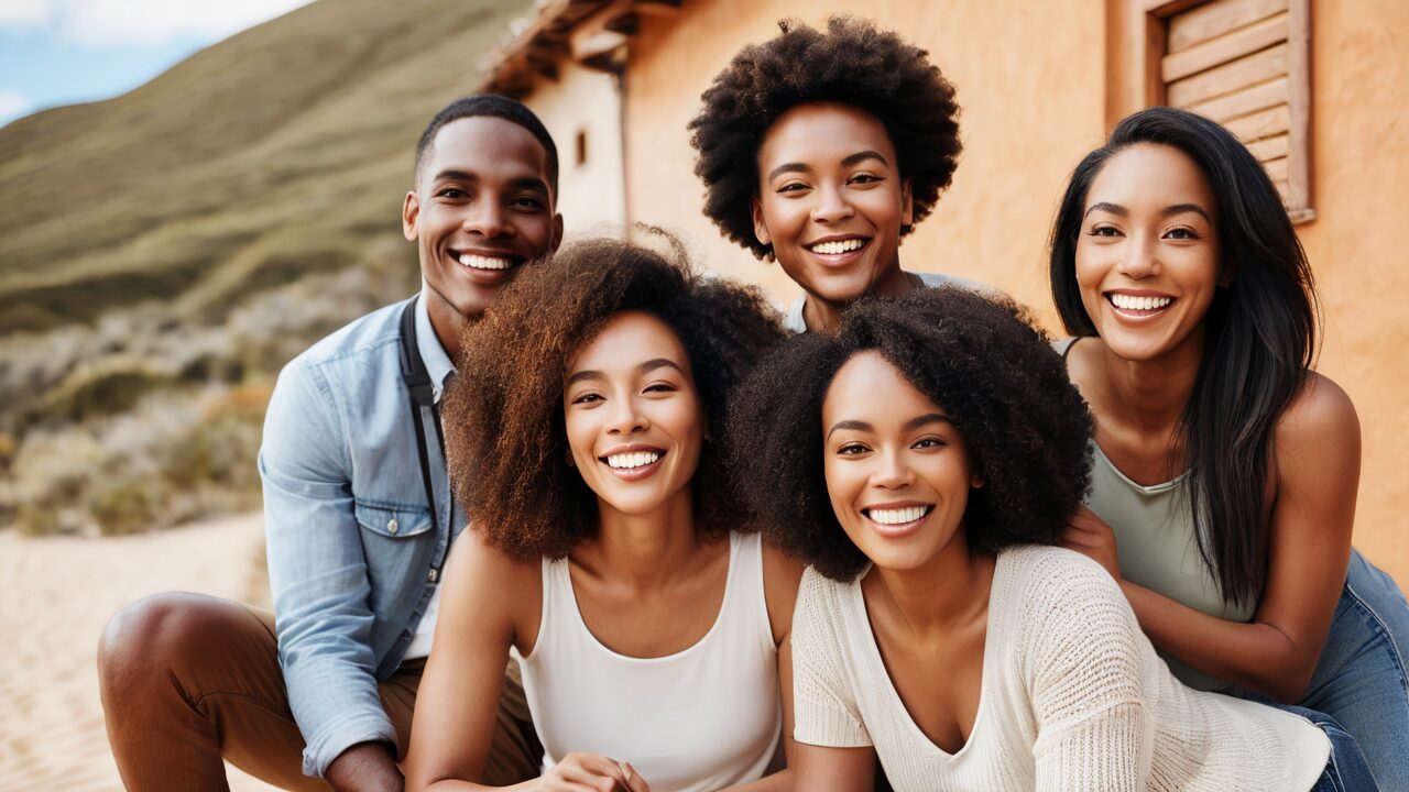 A group of young black people smiling in front of a house.