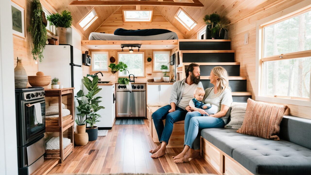 The inside of a tiny house with a couple sitting on the couch.