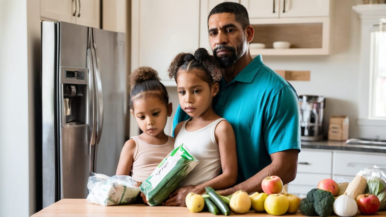 A man and his two daughters are standing in front of a kitchen full of fruits and vegetables.