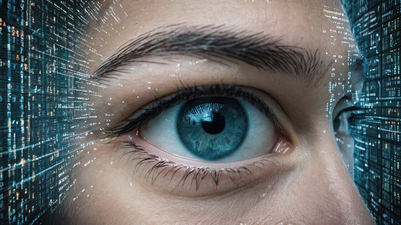 An image of a woman's eye with an artificial intelligence-inspired digital background.