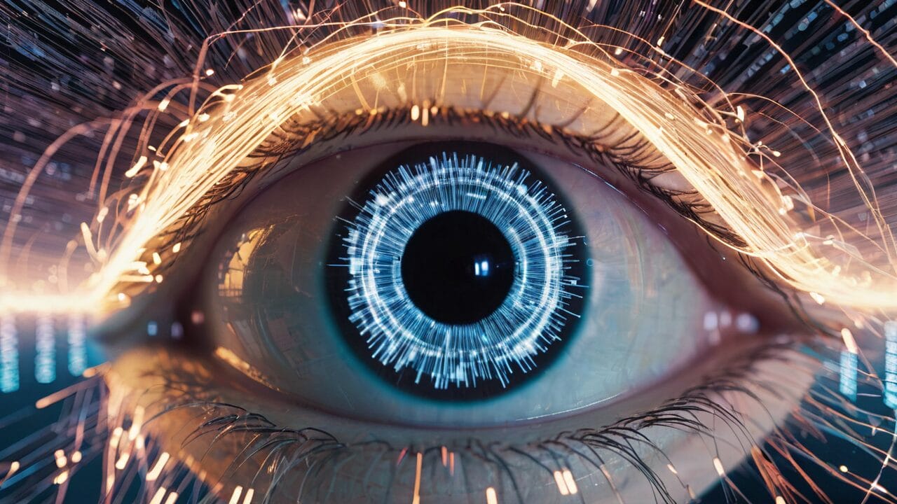 An image of a person's eye with artificial intelligence-themed light coming out of it.