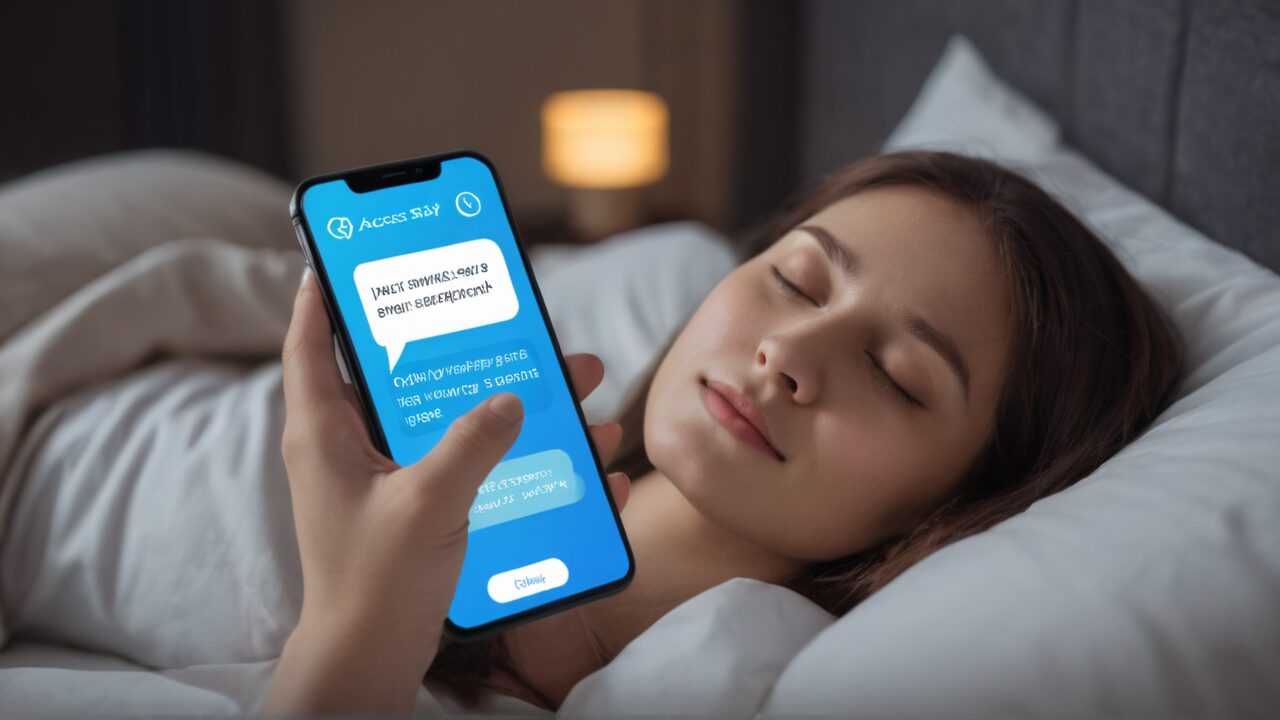 A woman is laying in bed with her phone displaying a text message.
